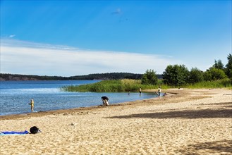 Family beach on the island of Lilla Holmen, Mariehamn, Fasta Aland, Aland Islands, Aland Islands, Finland, Europe