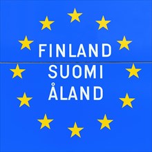 Blue sign with European stars at the border, European Union, inscription Finland, Suomi, Aland, Aland Islands, Alandinseln, Finland, Europe