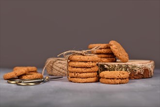 Healthy homemade oat cookies in front of gray background