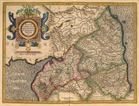 Atlas, map from 1623, Northumbria, one of the Anglo-Saxon petty kingdoms of England, digitally restored reproduction from an engraving by Gerhard Mercator, born as Gheert Cremer, 5 March 1512, 2 Decem...