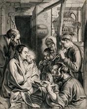 The Adoration of the Shepherds at the Nativity, after a painting by Jacob Jordaens, Historical, digitally restored reproduction of a historical work of art