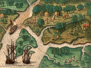 Two ships arrive at Port Royal and send a boat to Wolfs Point, where Native Americans cooking over a barbecue flee the French. Contains vines, deer or deer, turkeys, melon plants and dwellings, Histor...