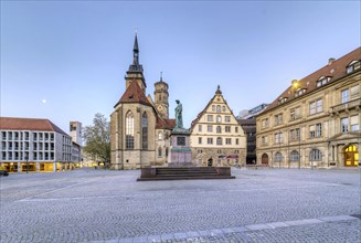 Schillerplatz, deserted, from left Old Palace, King of England House, Schiller Monument, Collegiate Church, Fruchtkasten, Prinzenbau, Stuttgart, Baden-Wuerttemberg, Germany, Europe