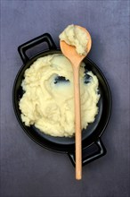 Mashed potatoes, mashed potatoes in bowl with cooking spoon