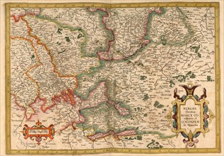 Atlas, map from 1623, Westerwald, Germany, digitally restored reproduction from an engraving by Gerhard Mercator, born as Gheert Cremer, 5 March 1512, 2 December 1594, geographer and cartographer, Eur...