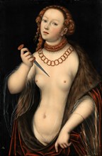 Lucretia with the Dagger, Traditionally the work is considered to be a portrait of Lucretia Borgia, daughter of Pope Alexander VI. It shows an unknown lady in the guise of the ancient goddess of sprin...