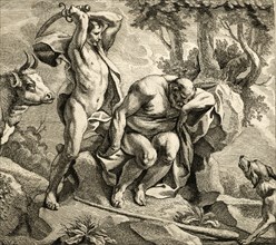 Mercury kills Argus, Zeus sends his messenger Mercury to kill Argus, which Mercury does, lulling Argus to sleep with his pipe music in front of cutting off his head, Painting by Jacob Jordaens, Histor...
