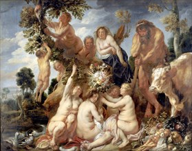 The Overcoming of Achelous by Hercules. The Origin of the Cornucopia, Allegory of Fertility, Painting by Jacob Jordaens, Historical, Digitally restored reproduction of a historical work of art