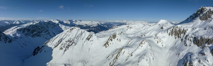 View over Weissfluh summit and Haupter Horn into Schanfigg, drone image, Haupter Taelli, Davos, Grisons, Switzerland, Europe