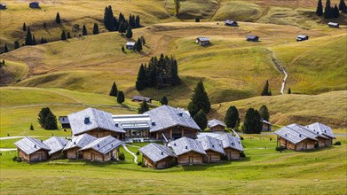 Wellness Resort Adler Mountain Lodge and autumnal alpine meadows, Alpe di Siusi, Val Gardena, Dolomites, South Tyrol, Italy, Europe