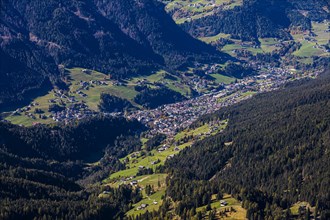 The tourist town of Ortisei, view from the Seceda peak, Val Gardena, Dolomites, South Tyrol, Italy, Europe