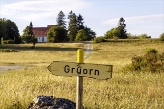 Gruorn, deserted village in the Swabian Alb with St. Stephens Church, the village was abandoned for the former military training area Muensingen, Baden-Wuerttemberg, Germany, Europe