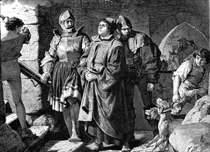 Martin Luther arriving at Wartburg Castle in Germany, Historic, digitally restored reproduction from a 19th century original