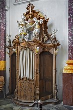 Confessional in St. Marys Church in Fuerstenfeld Abbey, former Cistercian abbey in Fuerstenfeldbruck, Bavaria, Germany, Europe