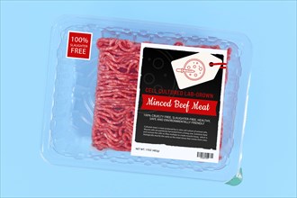 Lab grown cell cultured meat concept for artificial in vitro production with packed raw minced meat with made up label