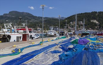 Colourful fishing nets and ropes laid out to dry, Port de Soller harbour, Majorca, Balearic Islands, Spain, Europe