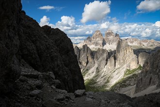 View of Tre Cime di Lavaredo from the Dolomite Trail. Dolomites, Italy, Dolomites, Italy, Europe