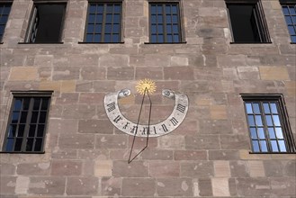 Sundial on the historic Schuerstabhaus, patrician house, Albrecht-Duerer-Platz.4, Nuremberg, Middle Franconia, Bavaria, Germany, Europe