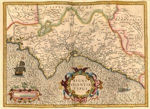 Atlas, map from 1623, Regni Valentiae Typus, Reino de Valencia, Spain, digitally restored reproduction from an engraving by Gerhard Mercator, born as Gheert Cremer, 5 March 1512, 2 December 1594, geog...