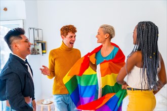LGBT pride, lgbt rainbow flag, group of friends dancing in a house at the party