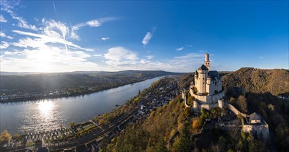 Aerial view of the Rhine Valley with the Marksburg Castle, Braubach, UNESCO World Heritage Site, Upper Middle Rhine Valley, Rhineland-Palatinate, Germany, Europe