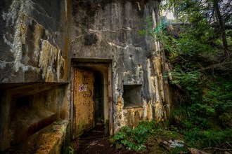 Abandoned, destoyed concrete bunker with embrasure in summer forest.Entrance to the bunker. Dolomites, Italy, Dolomites, Italy, Europe