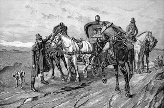 Travelling by horse-drawn carriage in the Middle Ages, Historical, digitally restored reproduction from a 19th century original