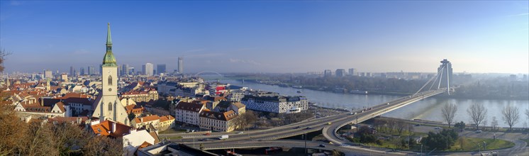 Panorama of the castle with the Old Town and St. Martins Church, the Danube and the Petrzalka district, Bratislava, Bratislava, Slovakia, Europe