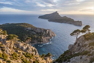 Rocky coast with an island, Sunset over the ocean, Mirador Jose Sastre, Sa Dragenora Island, Mallorca, Spain, Europe