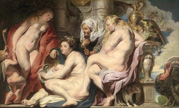 The daughters of Cecrops in search of the child Erichthonius, the earth-born, serpent-footed son of Hephaestus and Gaia, King of Attica, Painting by Jacob Jordaens, Historical, digitally restored repr...