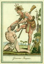 Guerrier Iroquois, An Indian or Iroquois man scalps another. Cultural artefacts include tattoos, scalps on a tree, powder horn, musket or rifle, feathered headdress, knife, hatchet or tomahawk, orname...
