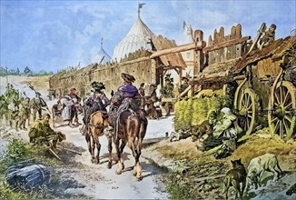 Wagon fort in the Middle Ages, Historical, digitally restored reproduction of an original from the 19th century, exact date unknown