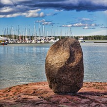 Prominent rock on the coast, Lilla Holmen Island, Mariehamn, Fasta Aland, Aland Islands, Aland Islands, Finland, Europe