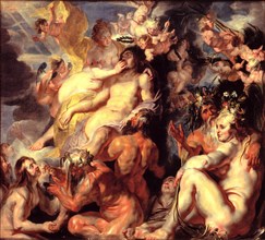 The apotheosis, deification, elevation of a man to a god or demigod of Aeneas, Aeneas is a person of both Greek and Roman mythology, Painting by Jacob Jordaens, Historical, digitally restored reproduc...
