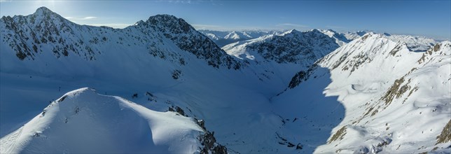 View over Gross Schiahorn and Haupter Horn to Strelapass and Schanfigg, drone image, Haupter Taelli, Davos, Grisons, Switzerland, Europe