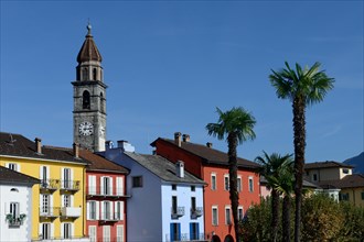 Lake promenade in Ascona with church Santi Pietro e Paolo, Lungolago, Canton Ticino, Switzerland, Europe