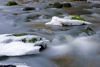 Mountain stream in the Bavarian Forest National Park, close-up with snow, ice, flow. Bavaria, Germany, Europe