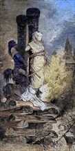 The burning of a woman, a witch, Historical, digitally restored reproduction of an original from the 19th century, exact date unknown