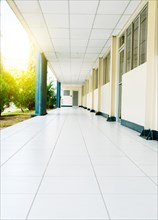 View of a corridor of a student institution. Corridors of a university on a sunny day