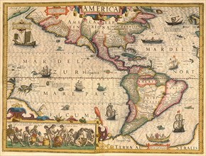 Atlas, map from 1623, America, Central America, South America, Pacific, digitally restored reproduction from an engraving by Gerhard Mercator, born as Gheert Cremer, 5 March 1512, 2 December 1594, geo...