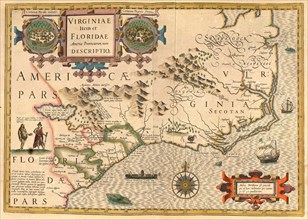 Atlas, map from 1623, Virginia, North of Florida, America, digitally restored reproduction from an engraving by Gerhard Mercator, born Gheert Cremer, 5 March 1512, 2 December 1594, geographer and cart...