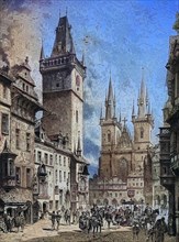 A typical city scene, here probably in Prague, in the 16th century, Historical, digitally restored reproduction of a 19th century original