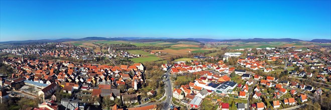 Aerial view of the historic old town of Mellrichstadt with a view of the town wall and towers. Mellrichstadt, Rhoen-Grabfeld, Lower Franconia, Bavaria, Germany, Europe