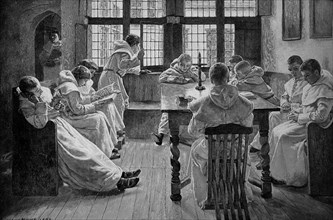 Young monks, novices, at a free lesson in the monastery school in the Middle Ages, Historical, digitally restored reproduction from a 19th century original