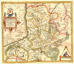 Atlas, map from 1623, Limburgensis, Limburg, Belgium, digitally restored reproduction from an engraving by Gerhard Mercator, born as Gheert Cremer, 5 March 1512, 2 December 1594, geographer and cartog...