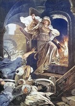 The Siege of Szigetvar, Countess Ilona Zrinyi throwing a torch into the powder magazine, Historical, digitally restored reproduction of an original from the 19th century, exact date unknown