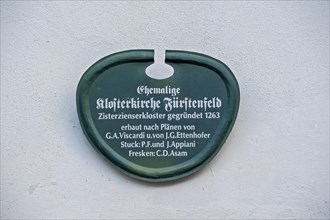 Info sign, Fuerstenfeld Monastery is a former Cistercian abbey in Fuerstenfeldbruck, Bavaria, Germany, Europe