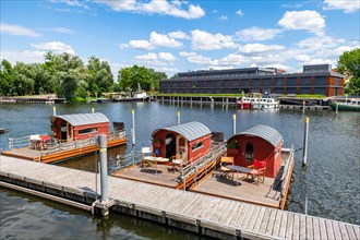 Jetty for houseboats and house rafts, Pension Havelfloss, Brandenburg an der Havel, Havelland, Brandenburg, Germany, Europe