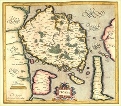 Atlas, map from 1623, Fionia, Funen, Denmark, digitally restored reproduction from an engraving by Gerhard Mercator, born Gheert Cremer, 5 March 1512, 2 December 1594, geographer and cartographer, Eur...