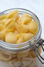 Conchiglie, shell pasta in glass container, pasta